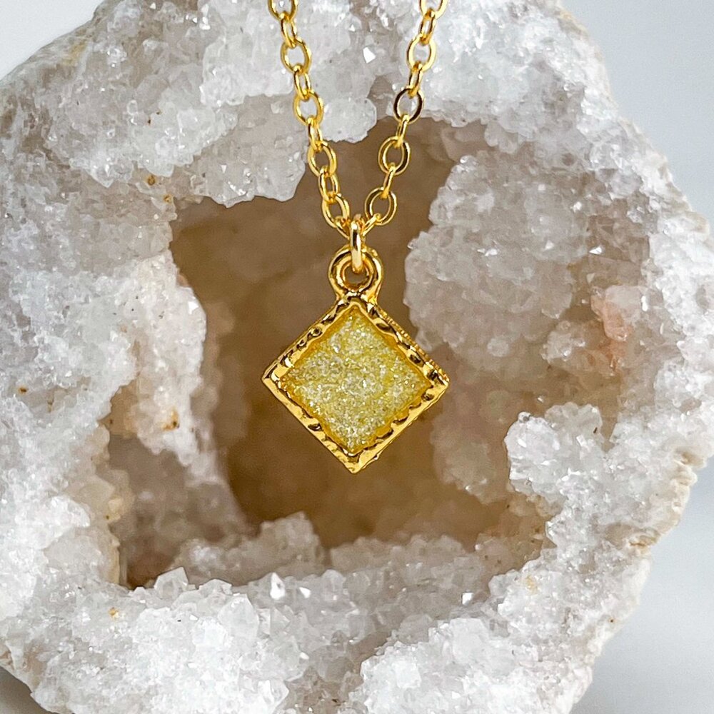 3/$20 14k Gold Yellow Glitter Resin Diamond Handmade Charm Pendant Necklace